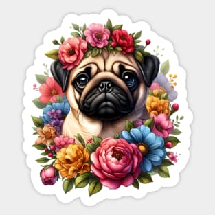 A pug decorated with beautiful colorful flowers. Sticker